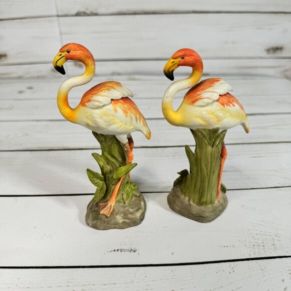 2 Lefton China Flamingo Nest Egg Collection Signed by Geo Lefton Beach Sea Decor